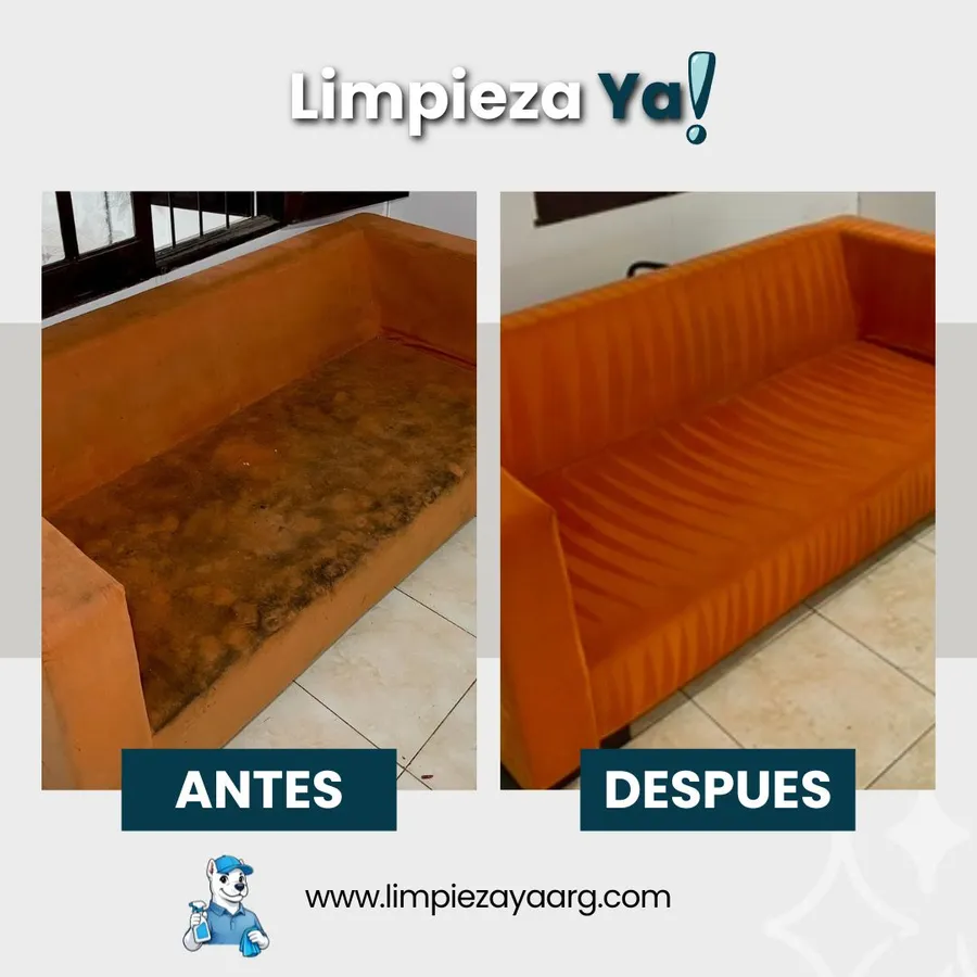 Resultado real de LimpiezaYa!: sillón de pana naranja antes y después de la limpieza profunda